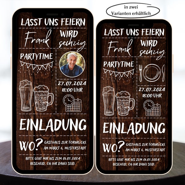 Digitale Einladung zum Geburtstag rustikal Bier Holz, Geburtstagseinladung zum Versenden per Whatsapp mit Foto
