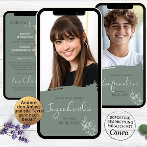 Tarjeta de invitación digital para la consagración juvenil verde | Confirmación | Comunión | Confirmación | Tarjeta de invitación electrónica con foto para niña y niño | festival de la juventud