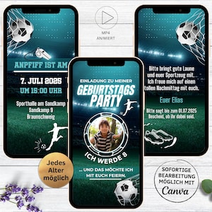 Einladung Kindergeburtstag Fußball spielen Vorlage | digitale WhatsApp Geburtstagseinladung Soccer | Fußball Party grün blau Stadion