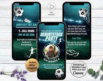 Children's birthday invitation soccer template | digital WhatsApp birthday invitation soccer | soccer party green blue stadium