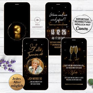 Digitale Einladung Geburtstag schwarz gold mit Countdown | Ecard zum Versenden per WhatsApp für 20. 30. 35. 40. 45. 50. 60. Geburtstag