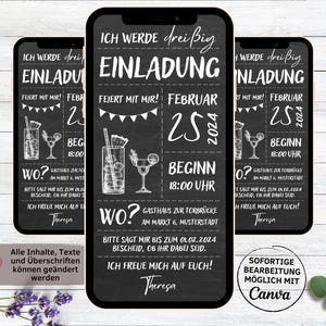 Digitale eCard verjaardagsuitnodiging motief cocktails zwart wit bord | Verjaardagsuitnodiging versturen via Whatsapp man vrouw