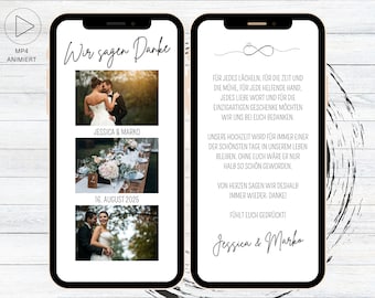 eCard Danksagung Hochzeit weiß minimalistisch, animierte digitale Danksagungskarte Hochzeitstag für WhatsApp mit drei Fotos