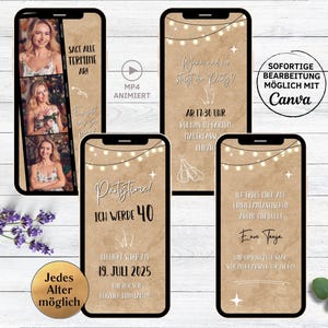 eCARD convite de aniversário tiras de fotos papel kraft coquetel cerveja | convite de aniversário animado para WhatsApp com 3 fotos homem mulher