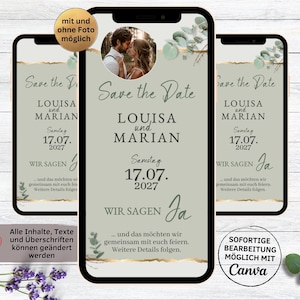 Cyfrowe ogłoszenie o zapisaniu daty ślubu, szablon eukaliptusa, zieleni i złota | Zaproszenie na ślub w formacie WhatsApp eCard | Zaproszenie na ślub eleganckie
