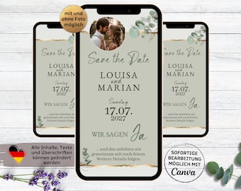 Plantilla de anuncio de boda con fecha de reserva digital en color verde eucalipto y dorado | Invitación de boda mediante tarjeta electrónica de WhatsApp | Invitación de boda elegante