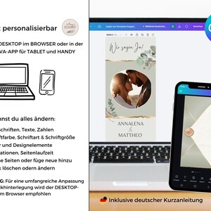 May include: A digital template displayed on a laptop and smartphone screen showing a wedding invitation design with a circular photo of a couple, eucalyptus leaves, gold accents, and the text Wir sagen Ja! Annalena & Mattheo.