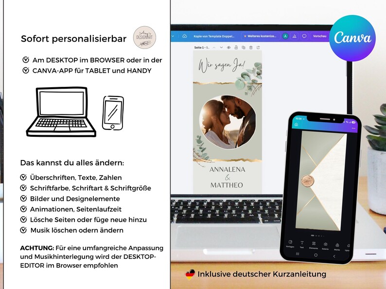 May include: A digital template displayed on a laptop and smartphone screen showing a wedding invitation design with a circular photo of a couple, eucalyptus leaves, gold accents, and the text Wir sagen Ja! Annalena & Mattheo.