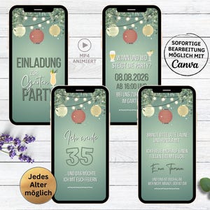 Lanternes d’invitation d’anniversaire de garden-party numérique | Invitation personnalisable à une fête barbecue WhatsApp eCard feuilles vertes cocktails | Optimiste