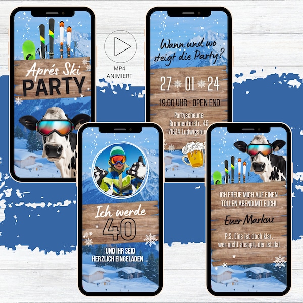 eCard Einladungen Après-Ski Party zum Geburtstag, lustige digitale WhatsApp Einladungskarte mit Kuh, animierte Handyeinladung Winter