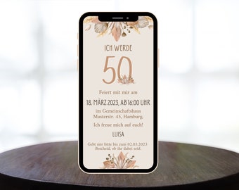 BOHO eCard Geburtstagseinladung, digitale Einladung zum Versenden per WhatsApp Blumen Blätter