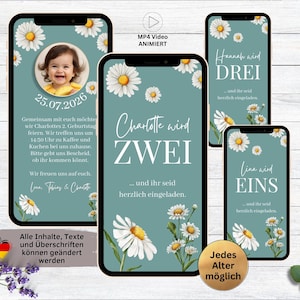 Convite digital margarida aniversário infantil turquesa | Cartão de convite 1º 2º 3º 4º aniversário | Convite de aniversário de flores no WhatsApp