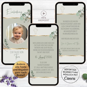 convite eCard ouro verde do eucalipto do batismo | cartão de convite animado nobre para serviço de batismo | Convite de batismo para WhatsApp com foto