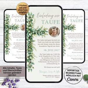 May include: Digital invitation design for a baptism, featuring a cross made of green leaves and eucalyptus. The invitation includes a photo and text, with the date July 18, 2027. The design is displayed on a smartphone.