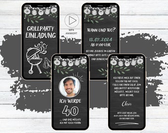 eCard digitale Grillparty Gartenparty Geburtstags Einladung, personalisierbare WhatsApp Einladung Geburtstag Tafel Lichterkette