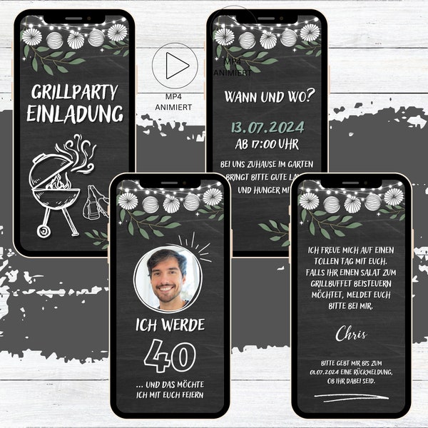 eCard digital barbecue party garden party birthday invitation, customizable WhatsApp invitation birthday board fairy lights