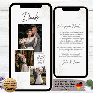 eCard Danksagung Hochzeit Blätter | animierte digitale Danksagungskarte Hochzeitstag für WhatsApp mit drei Fotos | Wir sagen Danke Trauung