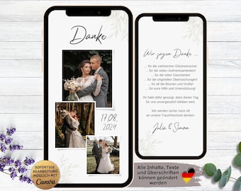 eCard Grazie Foglie di Nozze | biglietto di ringraziamento digitale animato per anniversario di matrimonio per WhatsApp con tre foto | Diciamo grazie al matrimonio