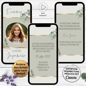 Digitale Einladungskarte für Jugendweihe | Konfirmation | Kommunion | animierte Einladung mit Foto Eukalyptus grün für Mädchen | Jugendfest