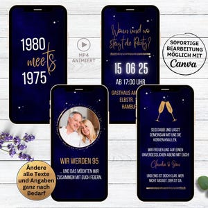 Digitale uitnodiging voor de dubbele verjaardag blauw goud | Uitnodigingskaart twee verjaardagen voor WhatsApp, dubbele verjaardag 70 80 90 100 110 120