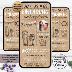 Convite digital eCard para o papel kraft de aniversário duplo | Cartão de convite duplo aniversário 70 80 90 100 110 120 coquetel de cerveja com foto