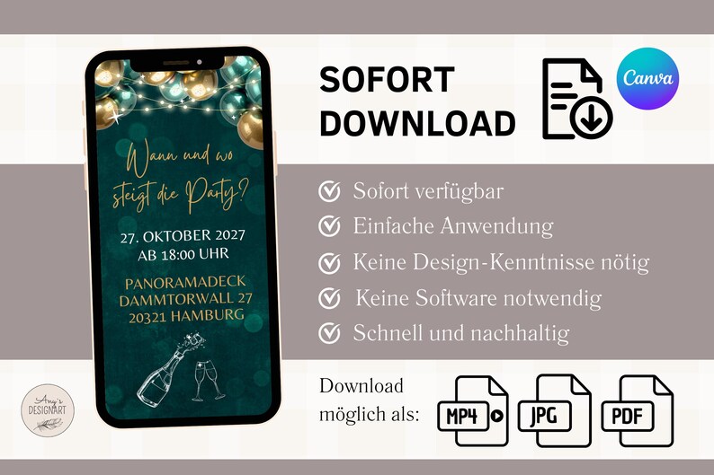May include: A smartphone displays a party invitation with gold and teal balloons, text in German, and the words "SOFORT DOWNLOAD." The invitation includes the date, time, and location, along with file download options.