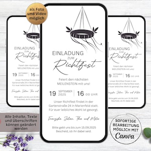 Digitale eCard Einladung zum Richtfest mit Richtkranz | Richtfesteinladung für WhatsApp Richtkrone | Hebefest Einladungskarte minimalistisch