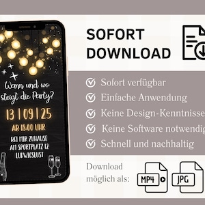 May include: A black and white digital invitation with a chalkboard background and gold lights. The text reads "Wann und wo steigt die Party?"  "13/09/25" "AB 18:00 UHR" "BEI MIR ZUHAUSE" "AM SPORTPLATZ 12" "LUDWIGSLUST". The invitation is displayed on a smartphone screen.