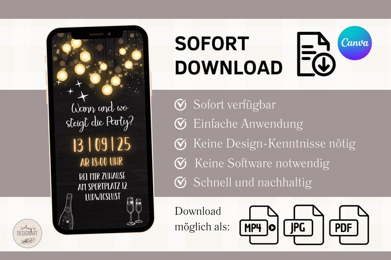 May include: A black and white digital invitation with a chalkboard background and gold lights. The text reads "Wann und wo steigt die Party?"  "13/09/25" "AB 18:00 UHR" "BEI MIR ZUHAUSE" "AM SPORTPLATZ 12" "LUDWIGSLUST". The invitation is displayed on a smartphone screen.