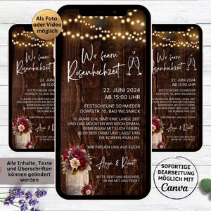 eCard digitale Einladung Rosenhochzeit | Hölzerne Hochzeit rustikal | personalisierbare WhatsApp  Einladung 5. 10. Hochzeitstag | Jubiläum