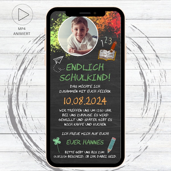 Digital invitation to school, animated Ecard to send via WhatsApp, school child, back to school, start of school - blackboard with photo