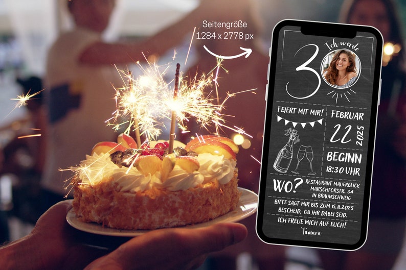 Digital birthday invitation champagne board black white eCard to send via Whatsapp with photo image 4