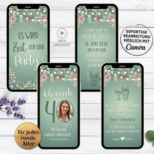 Digitale Geburtstags Party Einladung grün Cocktails | für 20. 30. 40. 50. 60. animierte eCard | WhatsApp Geburtstagseinladung mit Foto Frau