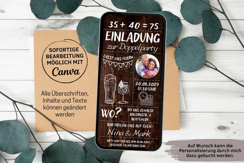 Rustic digital invitation for a double birthday party | Double birthday invitation card for 70th, 80th, 90th, 100th, 110th birthdays, dark wood with photo | Double party image 2