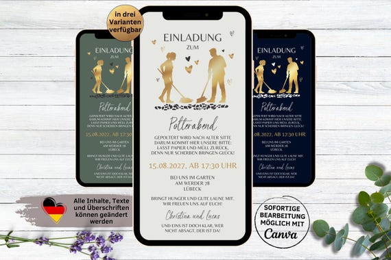 eCard digitale Einladung Polterabend goldenes Paar für WhatsApp | Polterabendeinladung | Wir poltern | Pre Wedding Party blau grün weiß edel