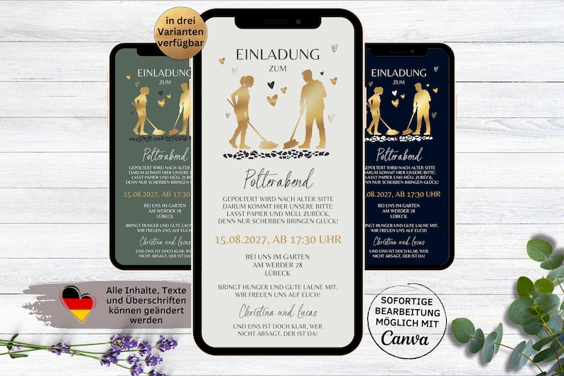 Puede incluir: Una invitaci&oacute;n digital para una fiesta con una silueta dorada de una pareja sosteniendo escobas y el texto "Polterabend" en letras doradas. La invitaci&oacute;n incluye la fecha, la hora y el lugar del evento. El texto "Trae hambre y buen humor contigo. &iexcl;Estamos deseando verte!" tambi&eacute;n est&aacute; incluido. La invitaci&oacute;n est&aacute; dise&ntilde;ada para parecerse a la pantalla de un tel&eacute;fono inteligente.