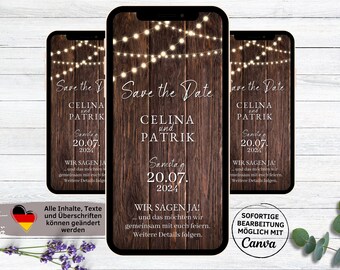 Digitale eCard Hochzeitseinladung Wood and Light Vorlage | rustikale Whatsapp Save the date Einladung dunkles Holz | Einladung zur Hochzeit
