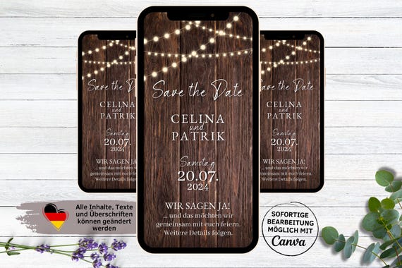 Digitale eCard Hochzeitseinladung Wood and Light Vorlage | rustikale Whatsapp Save the date Einladung dunkles Holz | Einladung zur Hochzeit