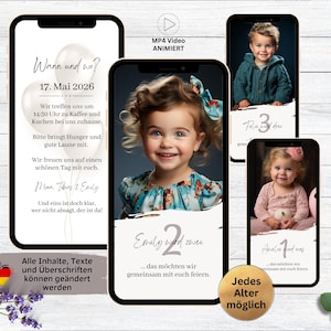 Invitación digital para cumpleaños infantil | Tarjeta de invitación de Whatsapp para el 1.º 2.º 3.º 4.º cumpleaños | Tarjeta electrónica para niña niño globo blanco con foto