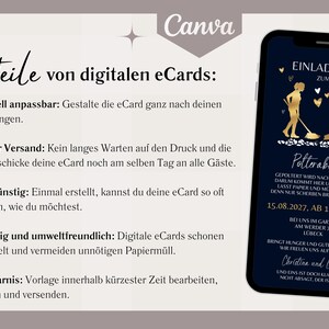 Puede incluir: Una invitaci&oacute;n digital para una fiesta de Polterabend. La invitaci&oacute;n est&aacute; sobre un fondo azul con texto y gr&aacute;ficos dorados. El texto dice "Einladung zum Polterabend" e incluye la fecha y la hora del evento. Los gr&aacute;ficos incluyen una pareja con una escoba y un coraz&oacute;n.