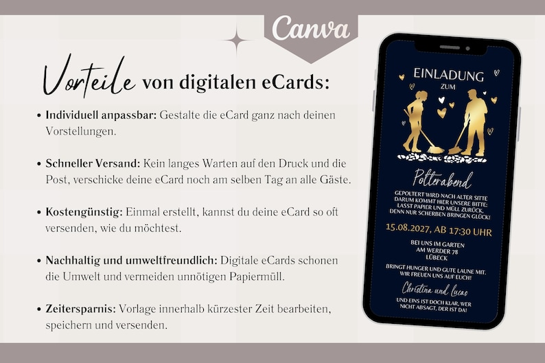 Puede incluir: Una invitaci&oacute;n digital para una fiesta de Polterabend. La invitaci&oacute;n est&aacute; sobre un fondo azul con texto y gr&aacute;ficos dorados. El texto dice "Einladung zum Polterabend" e incluye la fecha y la hora del evento. Los gr&aacute;ficos incluyen una pareja con una escoba y un coraz&oacute;n.