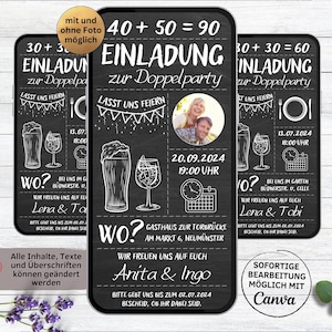 Digitale uitnodiging voor het dubbele verjaardagsbord | Ecard uitnodigingskaart om te versturen via WhatsApp | dubbele verjaardag 70 80 90 100 110 120