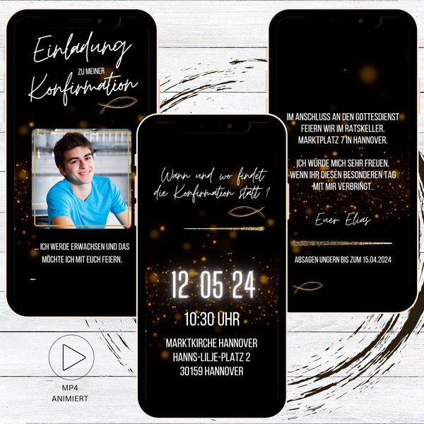 Digital invitation for confirmation fish | Communion | Confirmation | Youth consecration, animated Whatsapp invitation card with photo black gold