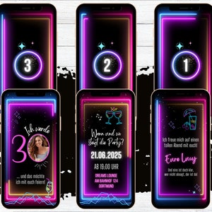eCARD neon birthday party invitation for 20th 30th 40th 50th birthday, digital animated WhatsApp invitations photo number and countdown