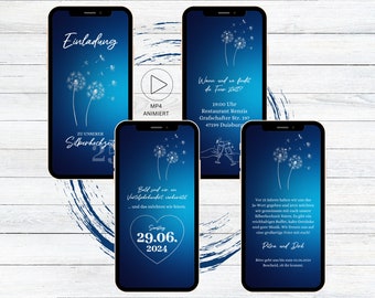 Digitale Einladung zur Silberhochzeit für WhatsApp, personalisierbare elektronische eCard Hochzeitstag Einladung Pusteblume silber blau