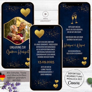 Invitation numérique mariage doré or bleu pour WhatsApp | Carte d'invitation personnalisable pour le 50e anniversaire de mariage | Mariage d'or noble