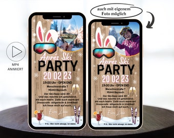 eCard Einladungen zum Geburtstag im Party Après-Ski Motiv, digitale WhatsApp Ski-Hase Einladungskarte, animierte Handyeinladung Winter