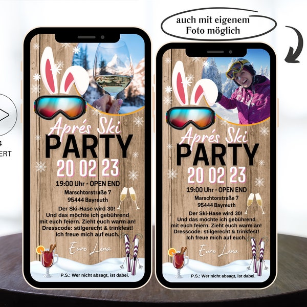 eCard Einladungen zum Geburtstag im Party Après-Ski Motiv, digitale WhatsApp Ski-Hase Einladungskarte, animierte Handyeinladung Winter