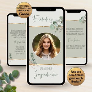 Tarjeta de invitación digital para bautizo, confirmación o comunión juvenil | Invitación animada con foto, color verde eucalipto para niñas | Celebración juvenil