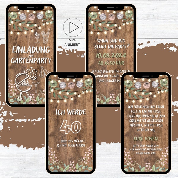 eCard digitale Gartenparty Grillparty Geburtstags Einladung, personalisierbare WhatsApp Einladung Geburtstag rustikal Wood and Light